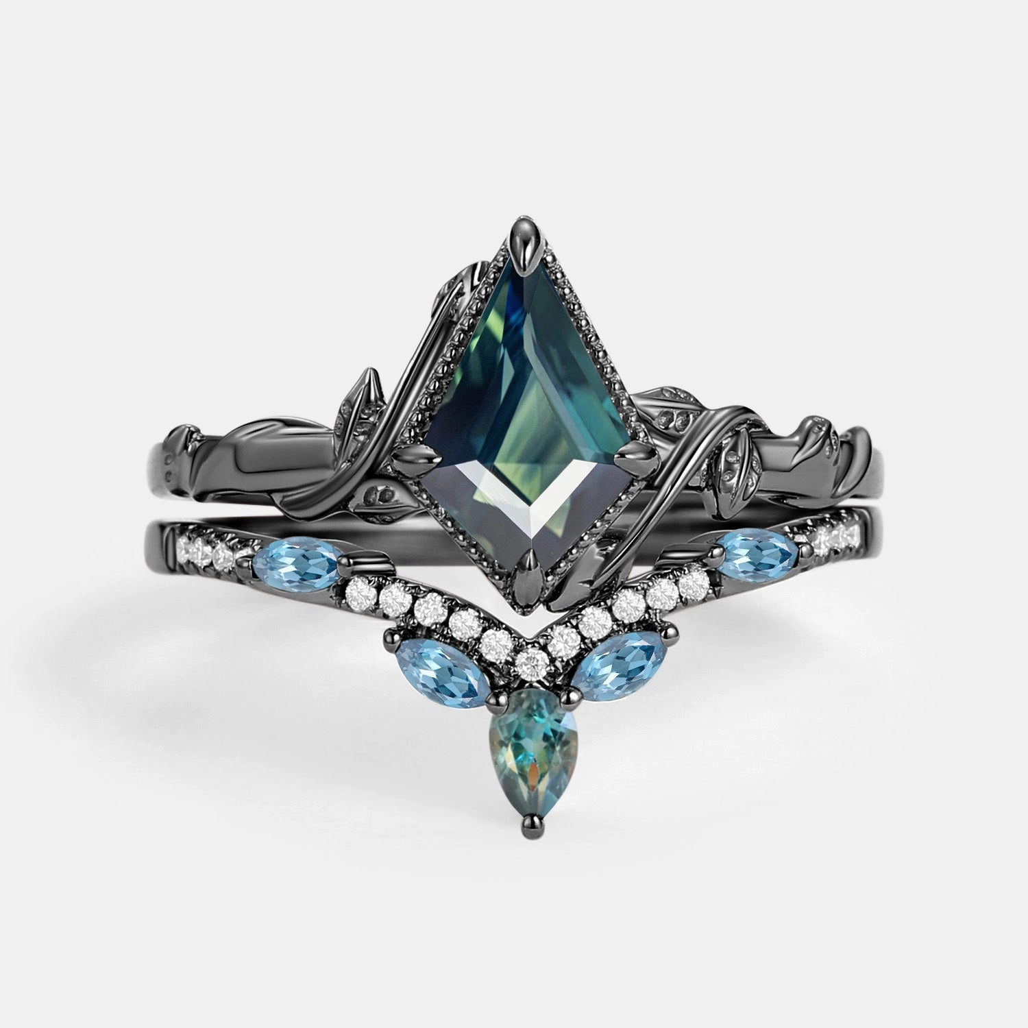 Kite Cut Teal Sapphire & London Blue Topaz Engagement Ring Sets 2pcs - Lark Cosmopolitan Style