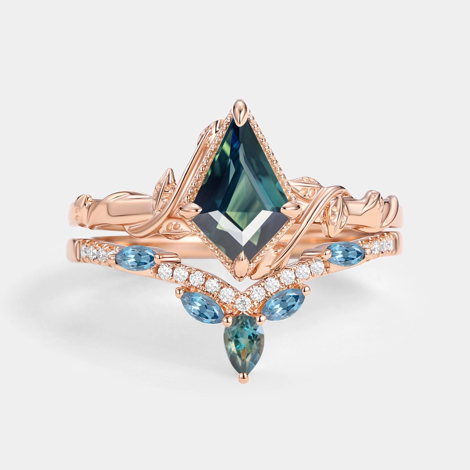 Kite Cut Teal Sapphire & London Blue Topaz Engagement Ring Sets 2pcs - Lark Textured Finish