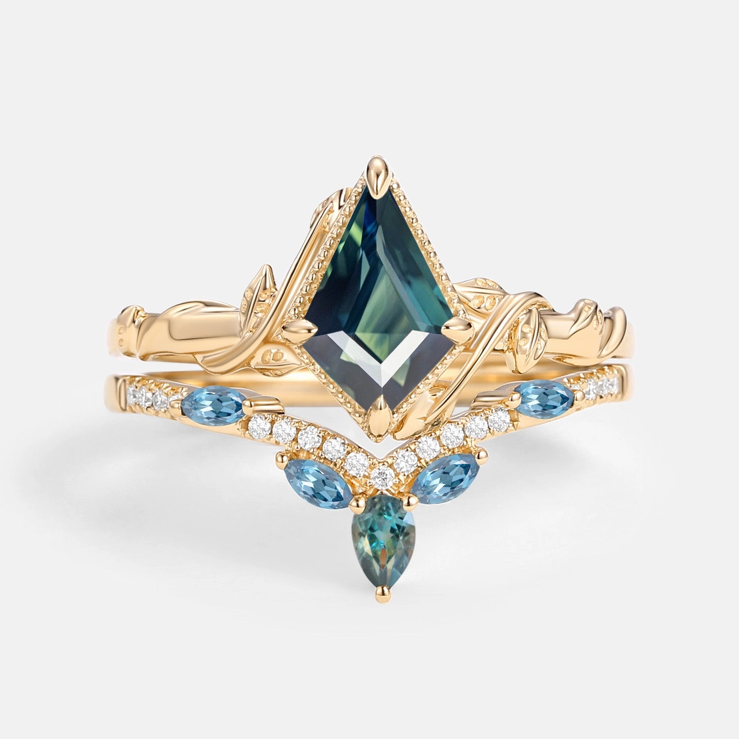 Kite Cut Teal Sapphire & London Blue Topaz Engagement Ring Sets 2pcs - Lark Polished Texture Romantic Ornament