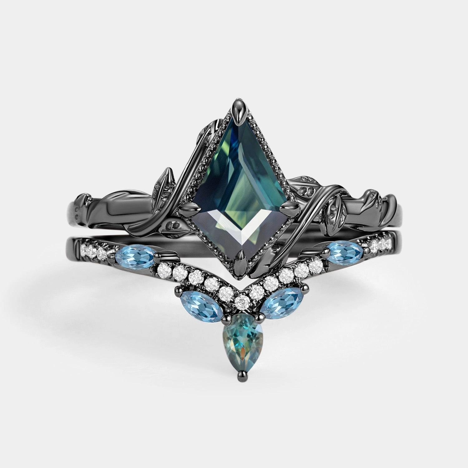 Kite Cut Teal Sapphire & London Blue Topaz Engagement Ring Sets 2pcs - Lark Must have item Chic Choice