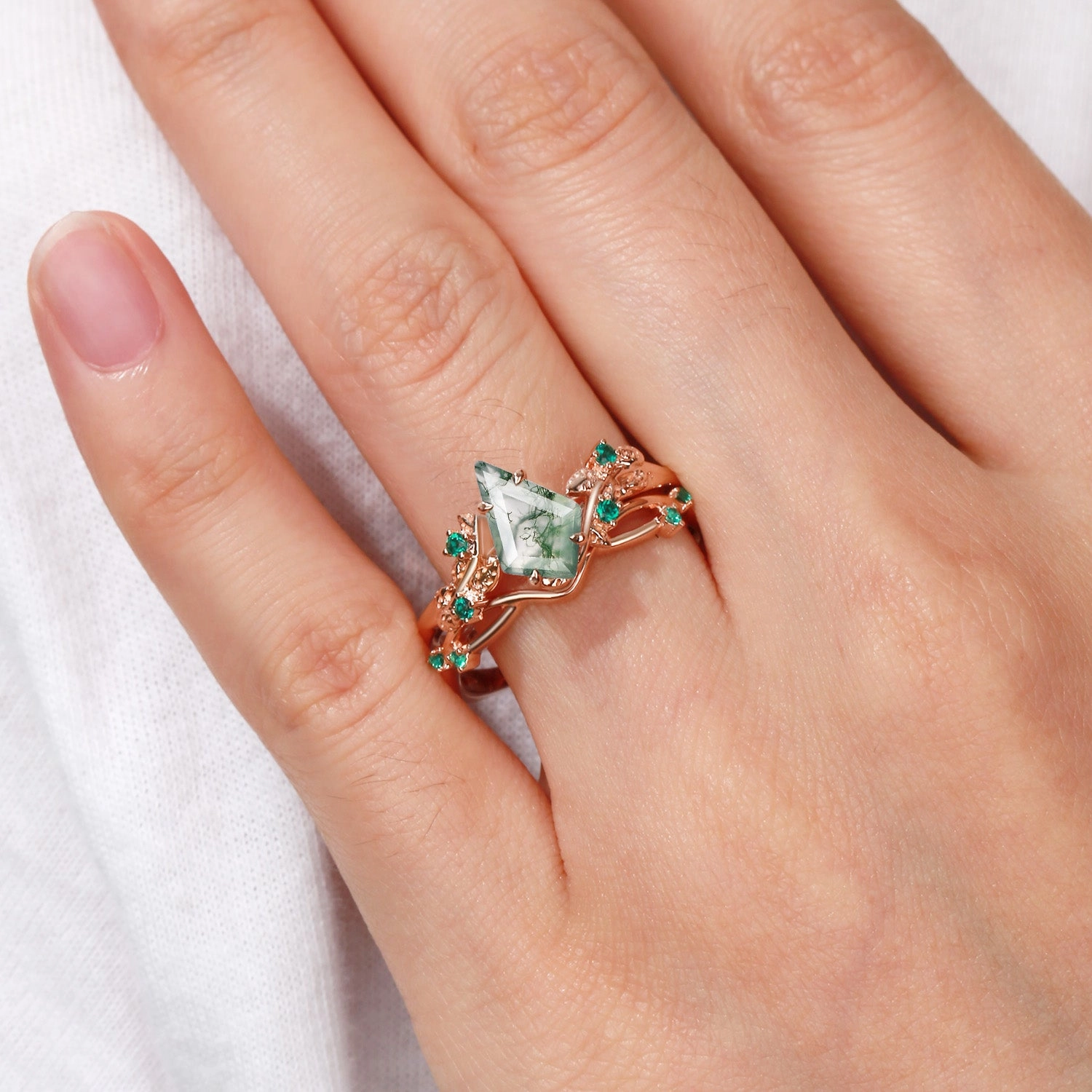 Romantic Object Nature Inspired - Kite Shaped Moss Agate Leafy Ring Set 2pcs - Mossy