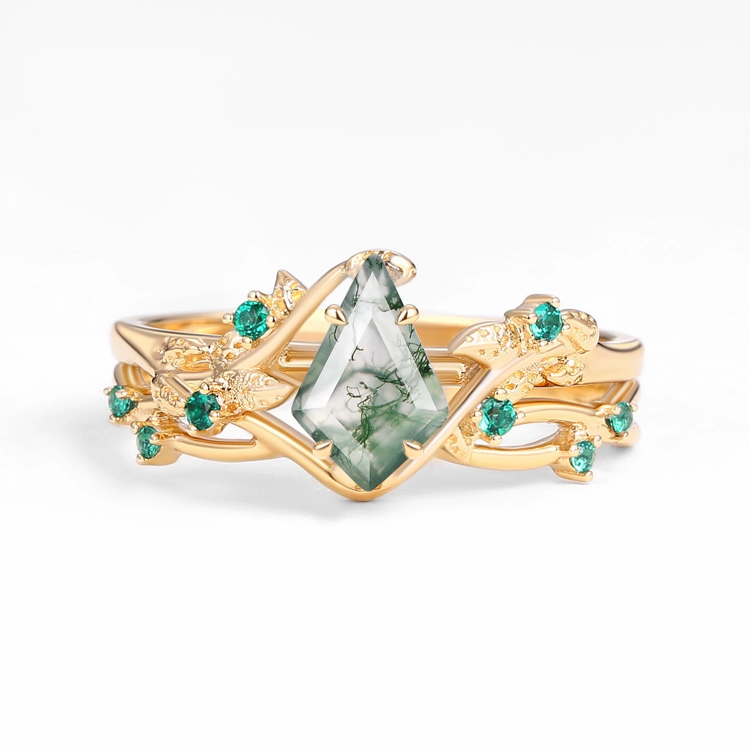 Nature Inspired - Kite Shaped Moss Agate Leafy Ring Set 2pcs - Mossy Meaningful Expression Value Adornment