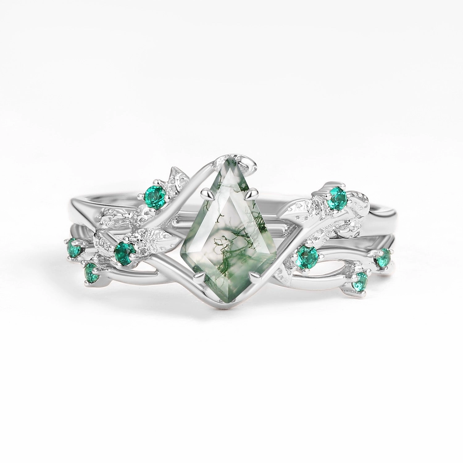 Nature Inspired - Kite Shaped Moss Agate Leafy Ring Set 2pcs - Mossy Superior Product