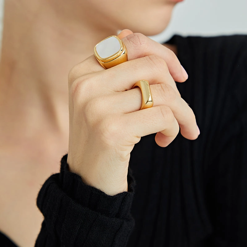 Timeless Mother of Pearl Wide Band Ring, Gold Signet Ring | Rhombus Ring, Gold Statement Ring Brunch Look