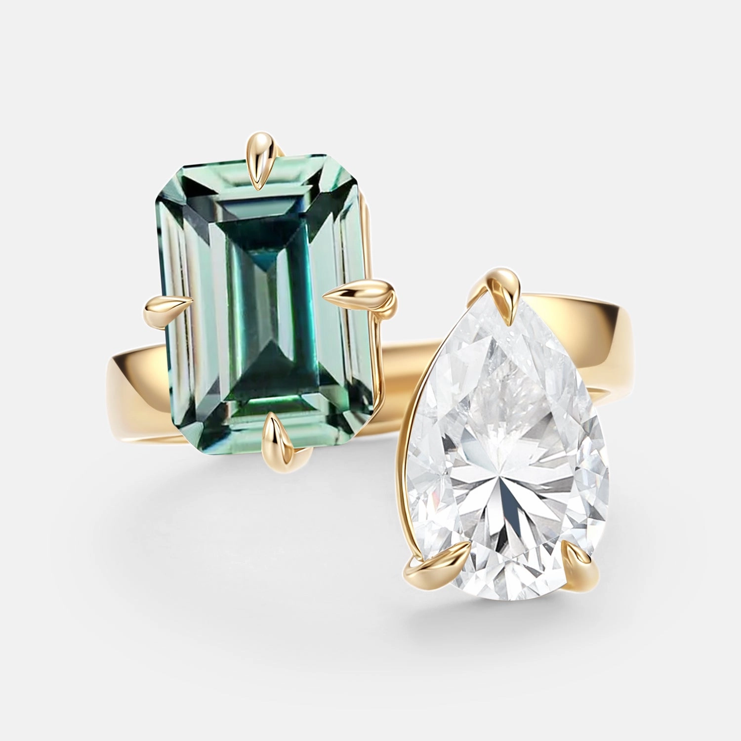 Toi Et Moi Lab Green Sapphire & Moissanite Engagement Ring - Juno Flat Lay Statement Glow