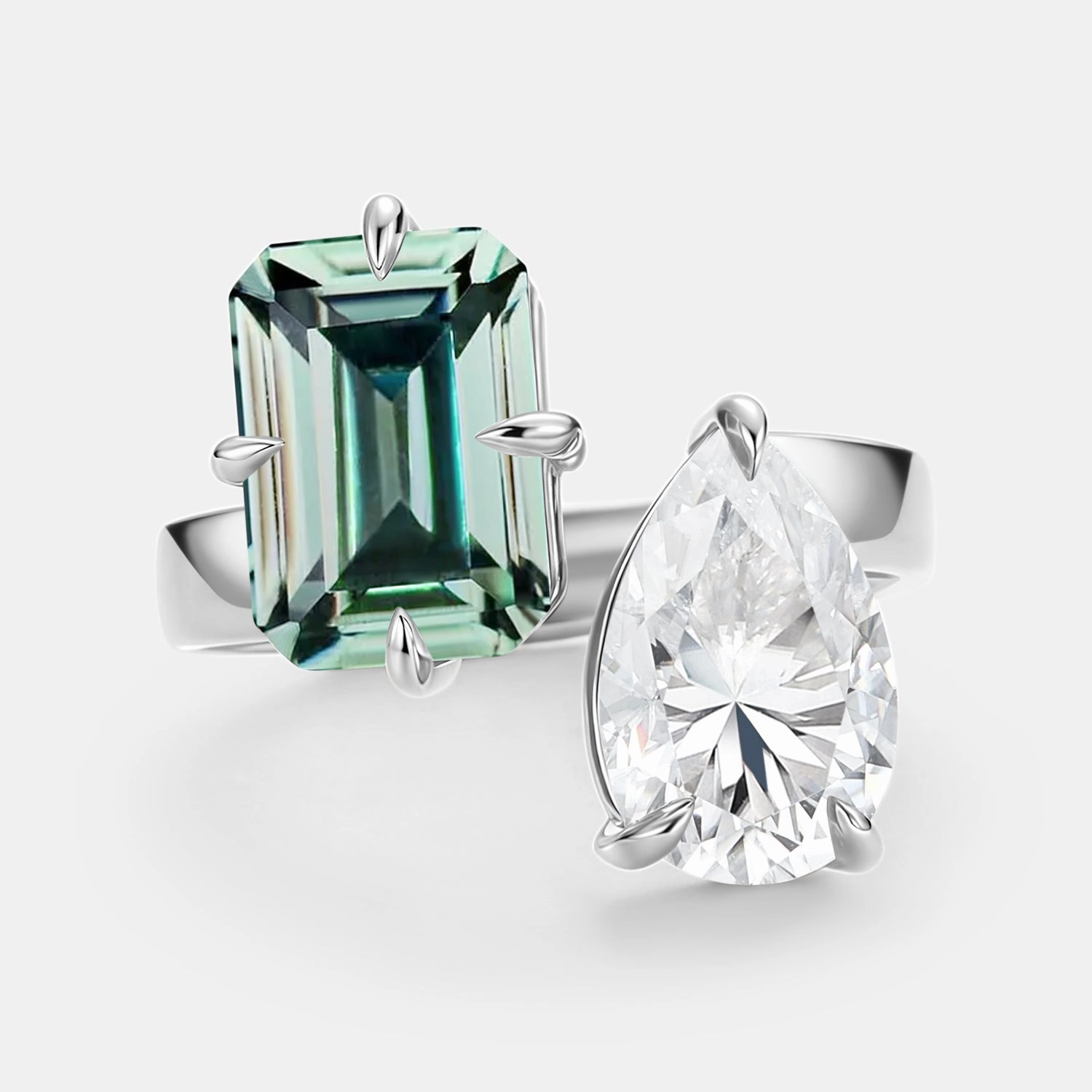 Dynamic Shape Toi Et Moi Lab Green Sapphire & Moissanite Engagement Ring - Juno