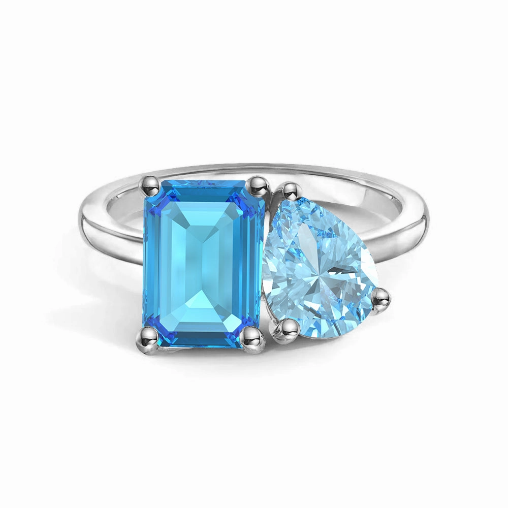 Luxury Finish Shine Gentle Accent Toi et Moi Personalized Blue Topaz Birthstone Anniversary Ring