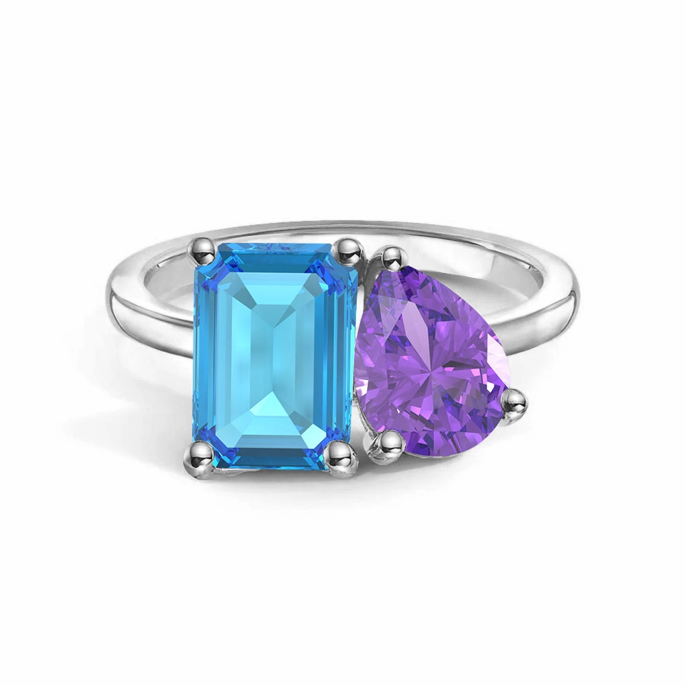 Luxury Pick Natural Spark Toi et Moi Personalized Blue Topaz Birthstone Anniversary Ring