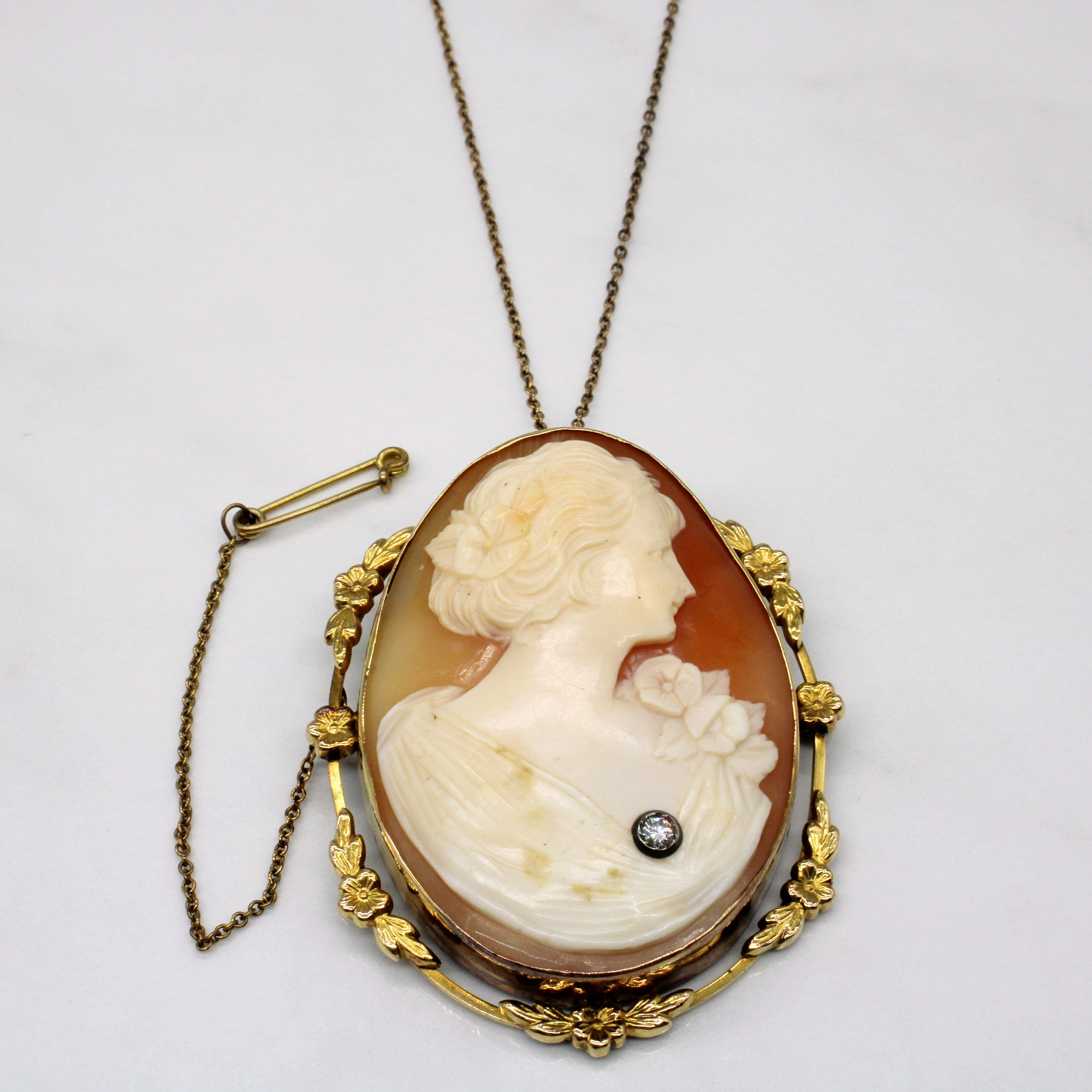 Vintage Carved Shell Cameo & Diamond Brooch & Pendant Necklace | 50.00ct, 0.08ct | Refined Texture