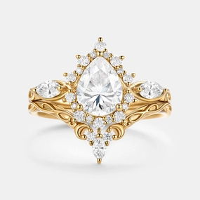 Pear Shaped Moissanite Halo Ring Set 2pcs - Zenn Dainty Edge