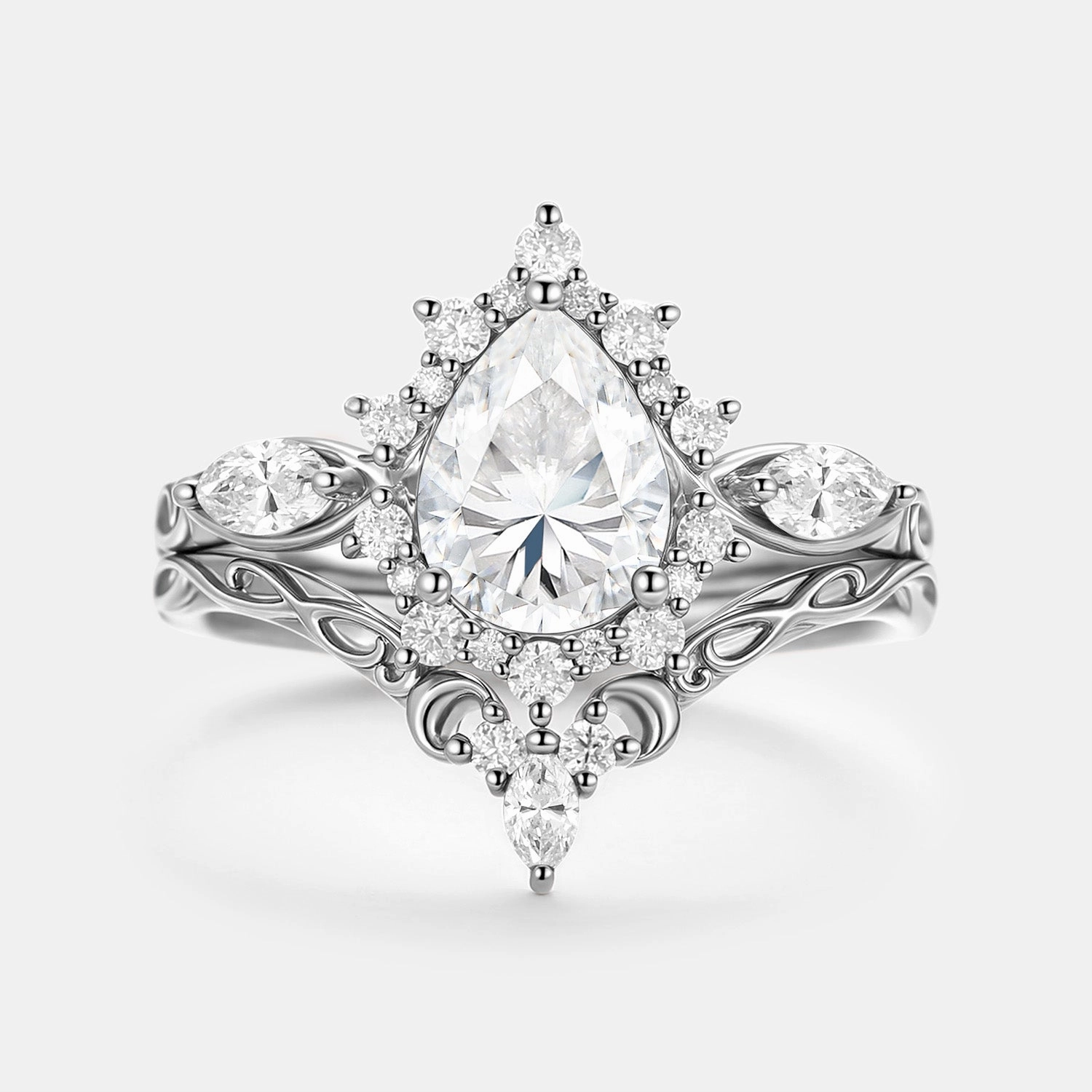 Pear Shaped Moissanite Halo Ring Set 2pcs - Zenn Modern pieces