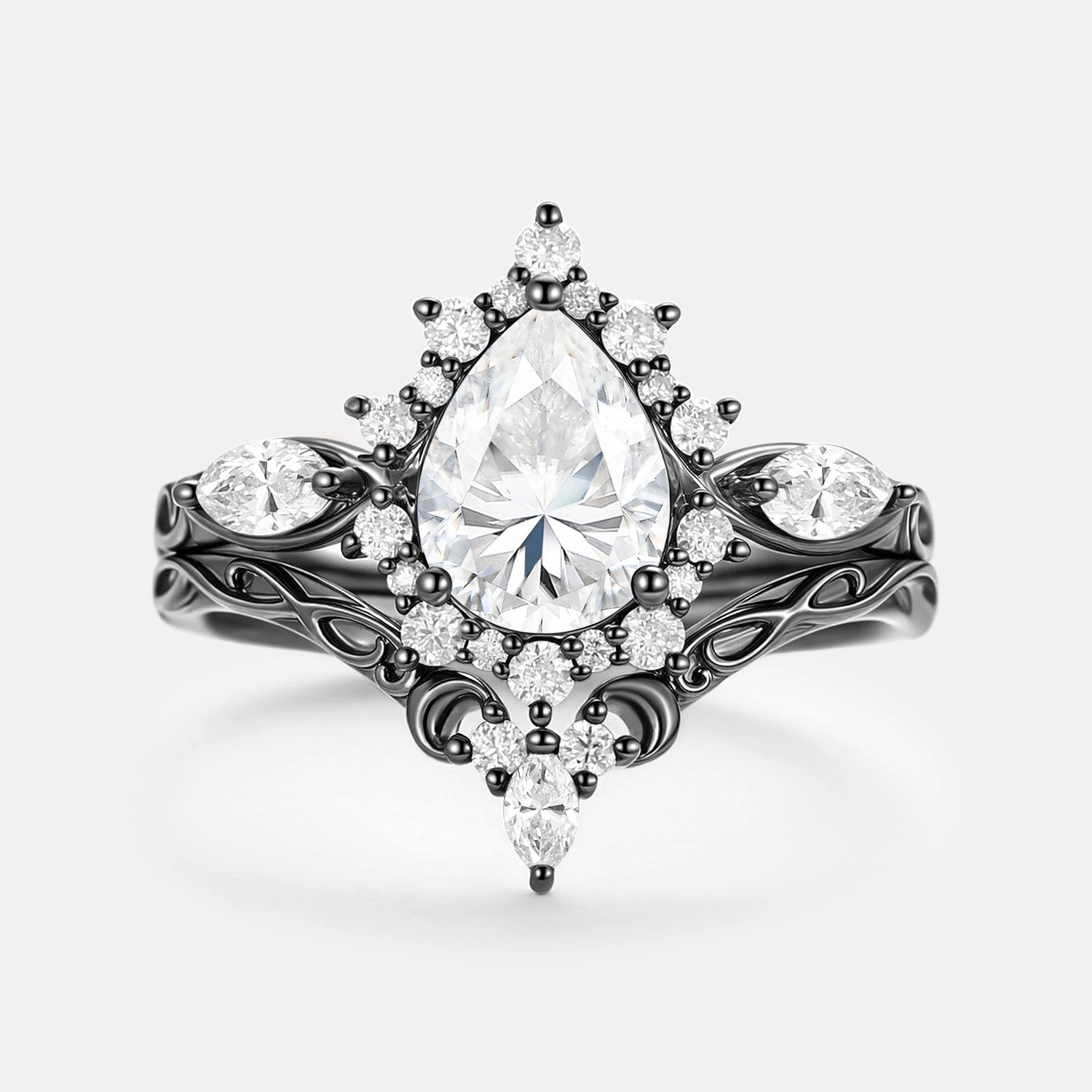 Pear Shaped Moissanite Halo Ring Set 2pcs - Zenn Winter Mood Versatile Fit