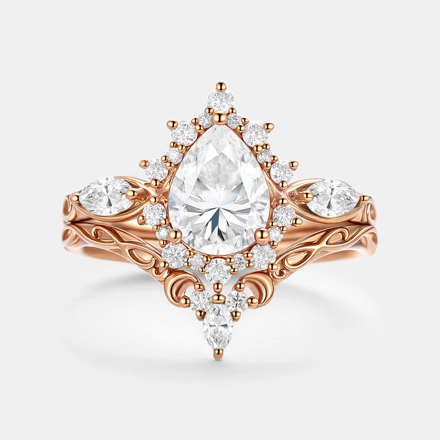 Casual Touch Party Style Pear Shaped Moissanite Halo Ring Set 2pcs - Zenn