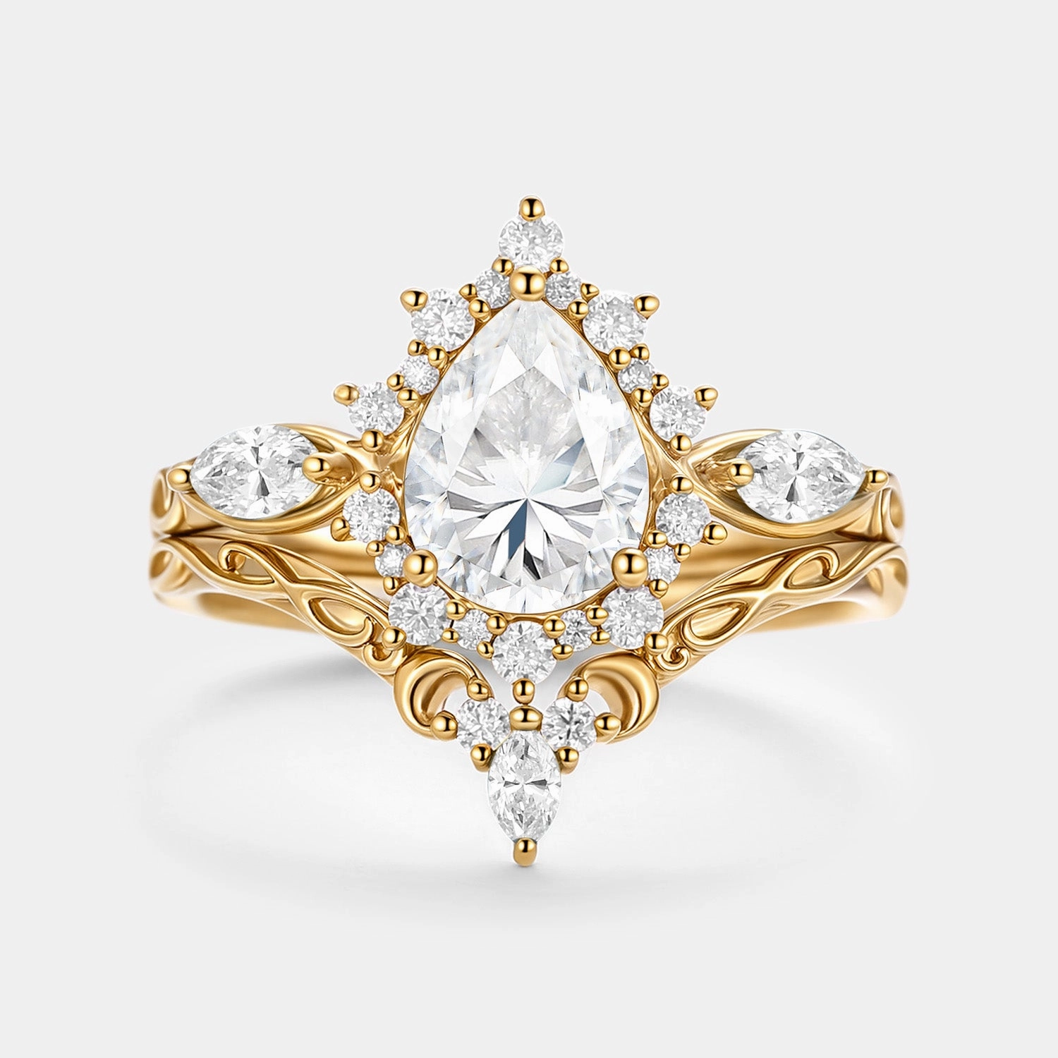 Pear Shaped Moissanite Halo Ring Set 2pcs - Zenn Dainty Edge