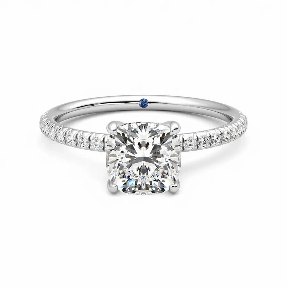 Four Prong Cushion Cut Moissanite Engagement Ring with Hidden Anniversary Stone Accent Polished Contour Charming Style