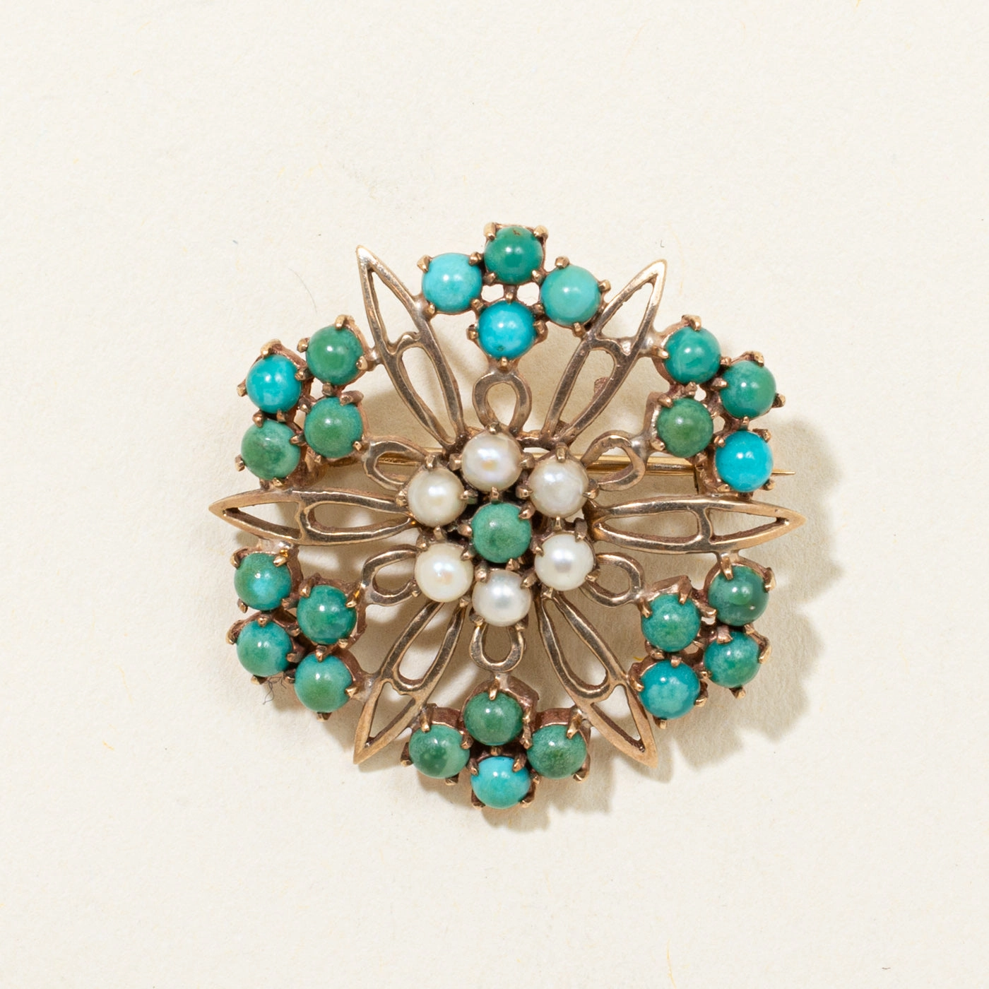 Sophisticated Touch Turquoise & Pearl Openwork Starburst Brooch