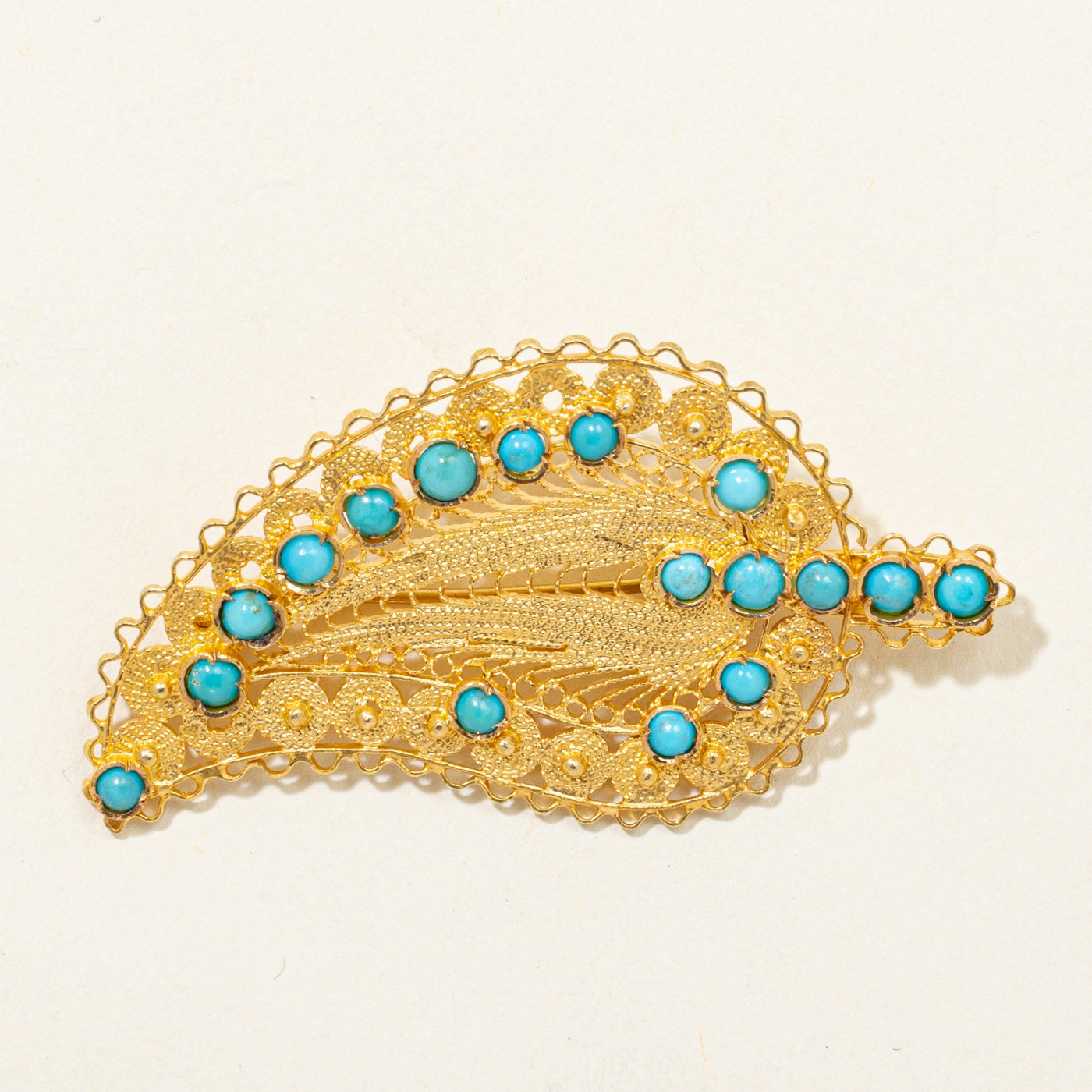 Turquoise Filigree Feather Brooch | 1.10ctw Clean Aesthetic