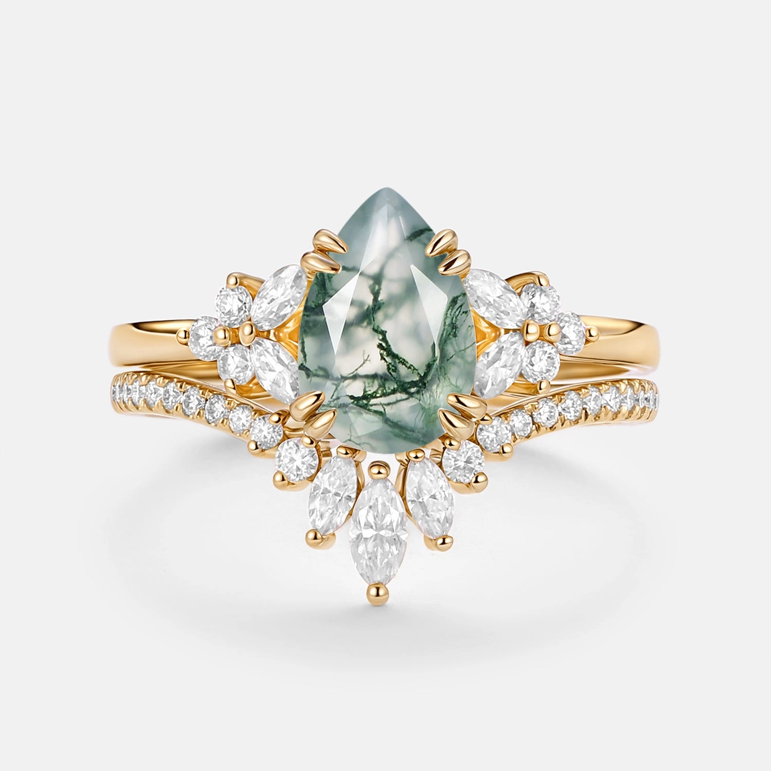 Cluster Pear Shaped Moss Agate Chevron Gold Ring Set 2pcs - Della Sleek Highlight Modern Finish