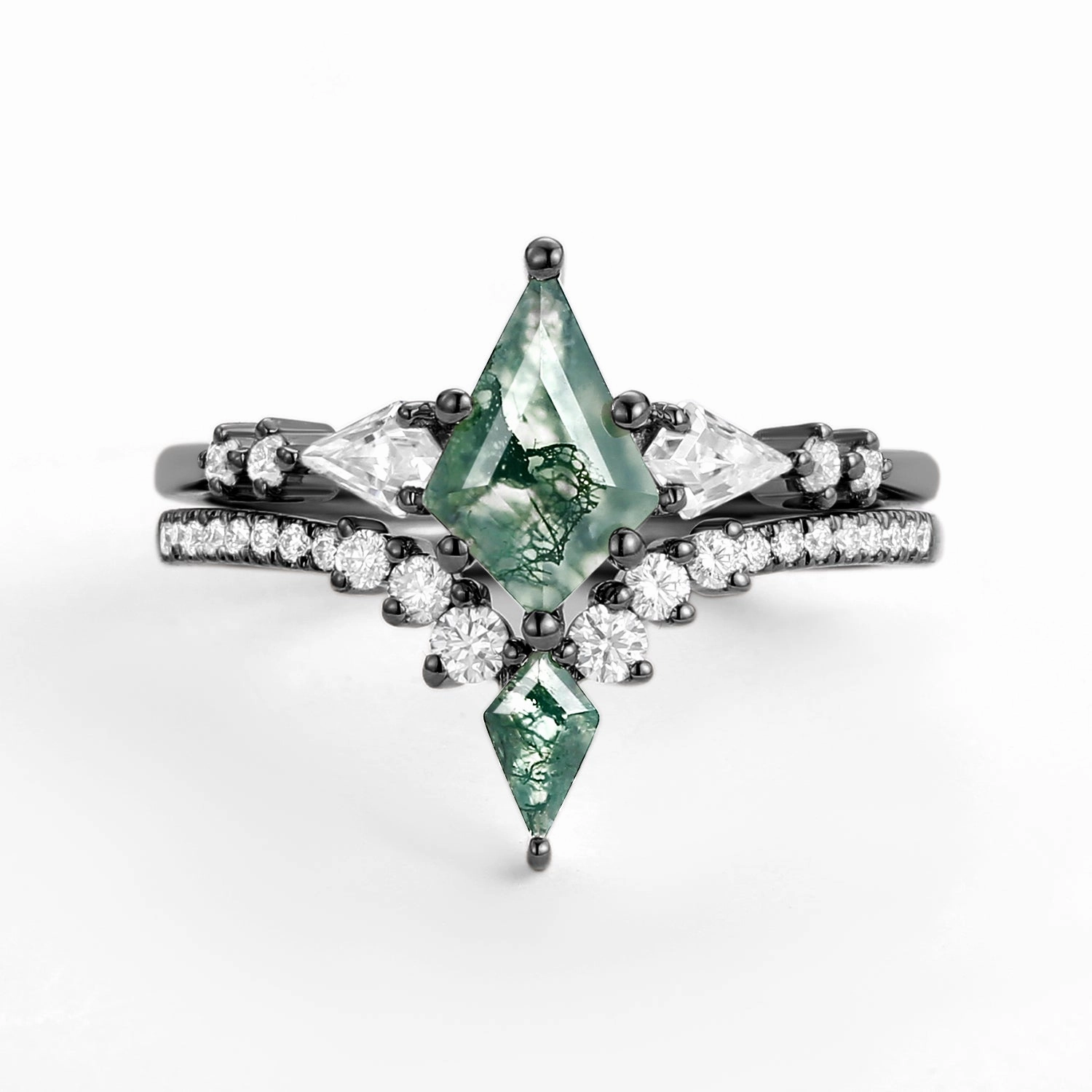 Twin Flames - Black Gold Women Kite Moss Agate Wedding Ring Sets 2pcs - Zendaya Comfortable Style