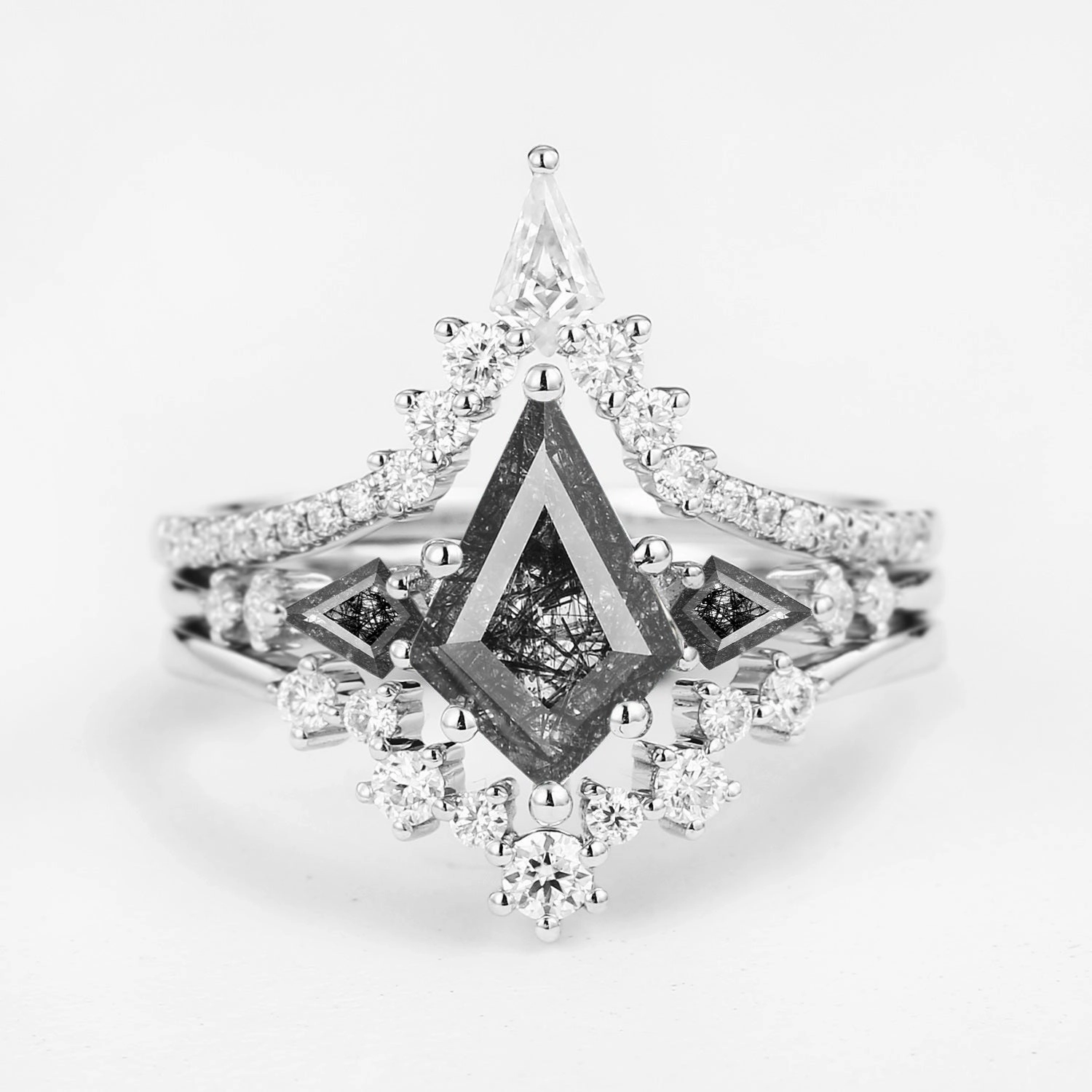 Twin Flames - Kite Cut Black Rutilated Quartz Engagement Ring Set 3pcs - Tyler Timeless Beauty Classic Mood