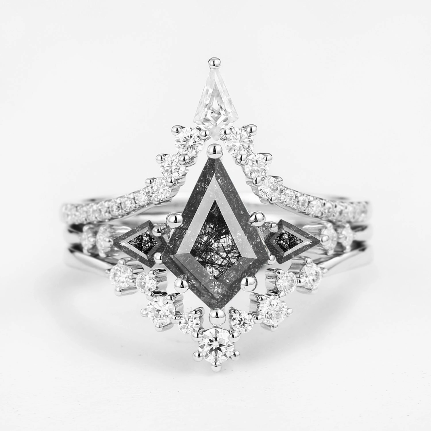 Twin Flames - Kite Cut Black Rutilated Quartz Engagement Ring Set 3pcs - Tyler Trendy Fashion Light Radiance