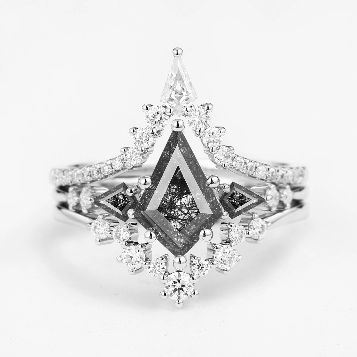 Twin Flames - Kite Cut Black Rutilated Quartz Engagement Ring Set 3pcs - Tyler Bold Glance Romantic Feature