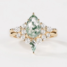 Luxurious Craft Elegant Style Twin Flames - Pear Cut Unique Moss Agate Engagement Ring Sets 2pcs - Zoey