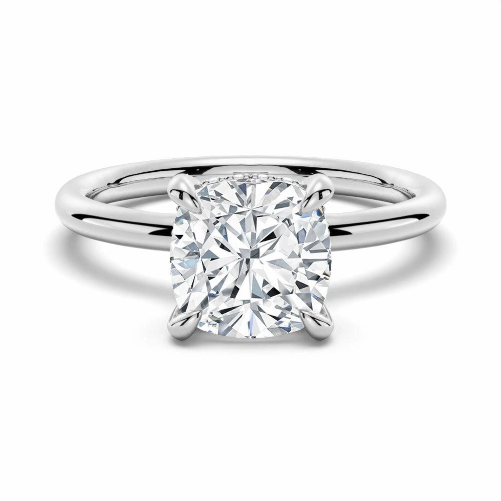 Cushion Cut Solitaire Moissanite Engagement Ring With Hidden Halo Shimmering Touch
