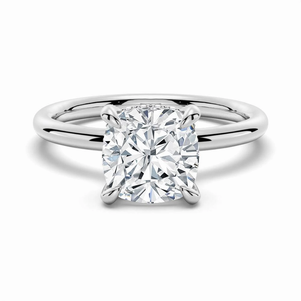 Cushion Cut Solitaire Moissanite Engagement Ring With Hidden Halo Effortless Finish Bold Form