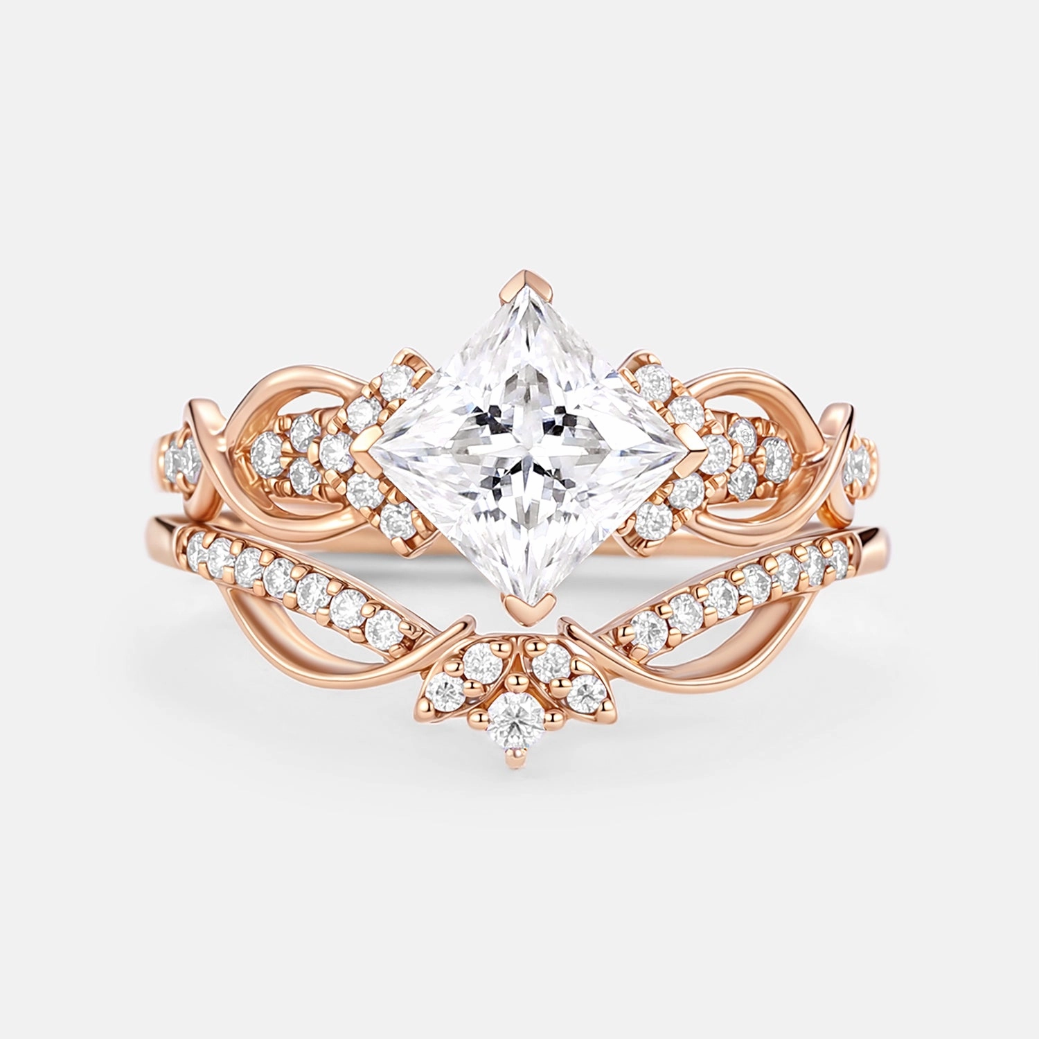 Textured Highlight Statement Fit Princess Cut Moissanite Twist Engagement Ring Set 2pcs