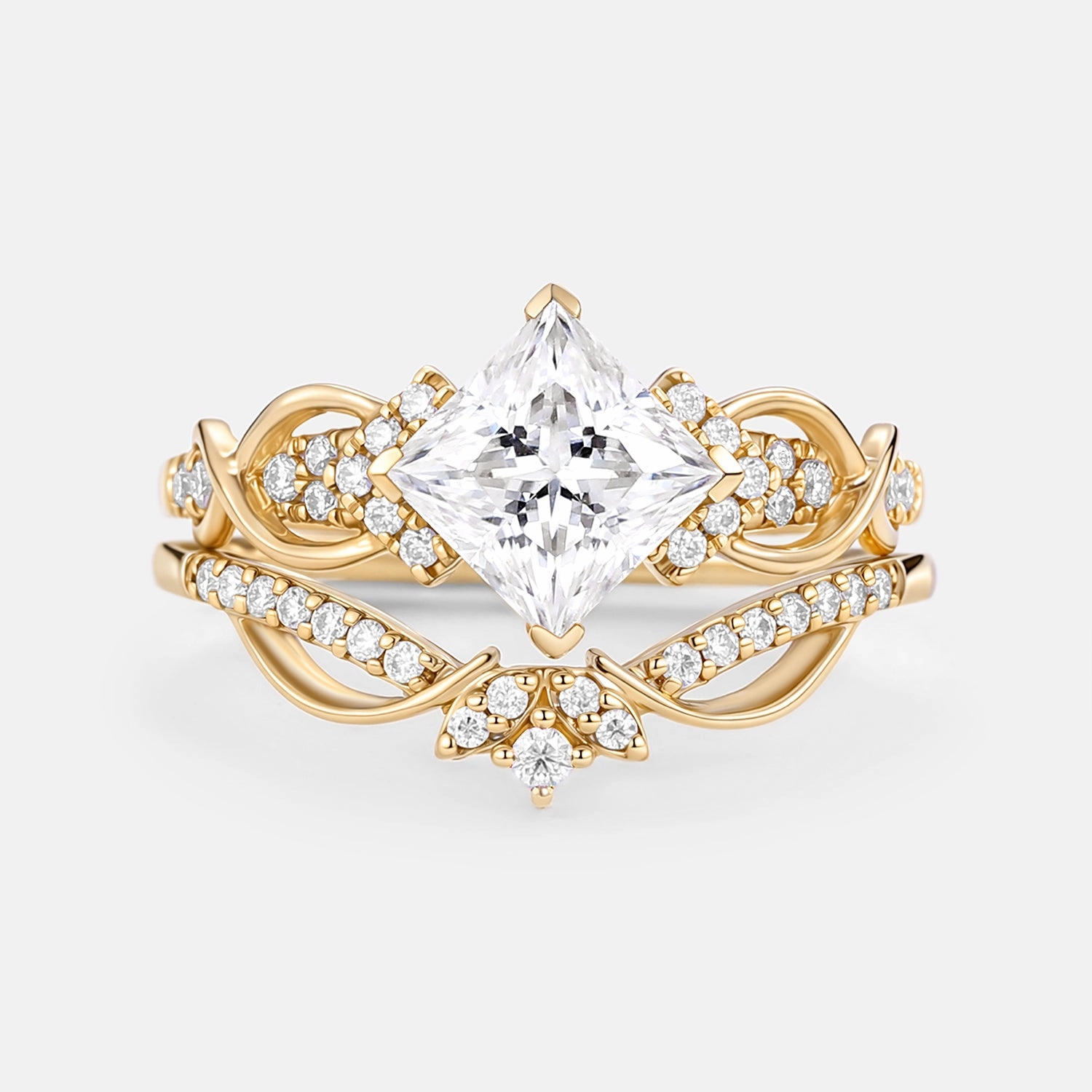 Fresh Touch Lustrous Glow Princess Cut Moissanite Twist Engagement Ring Set 2pcs