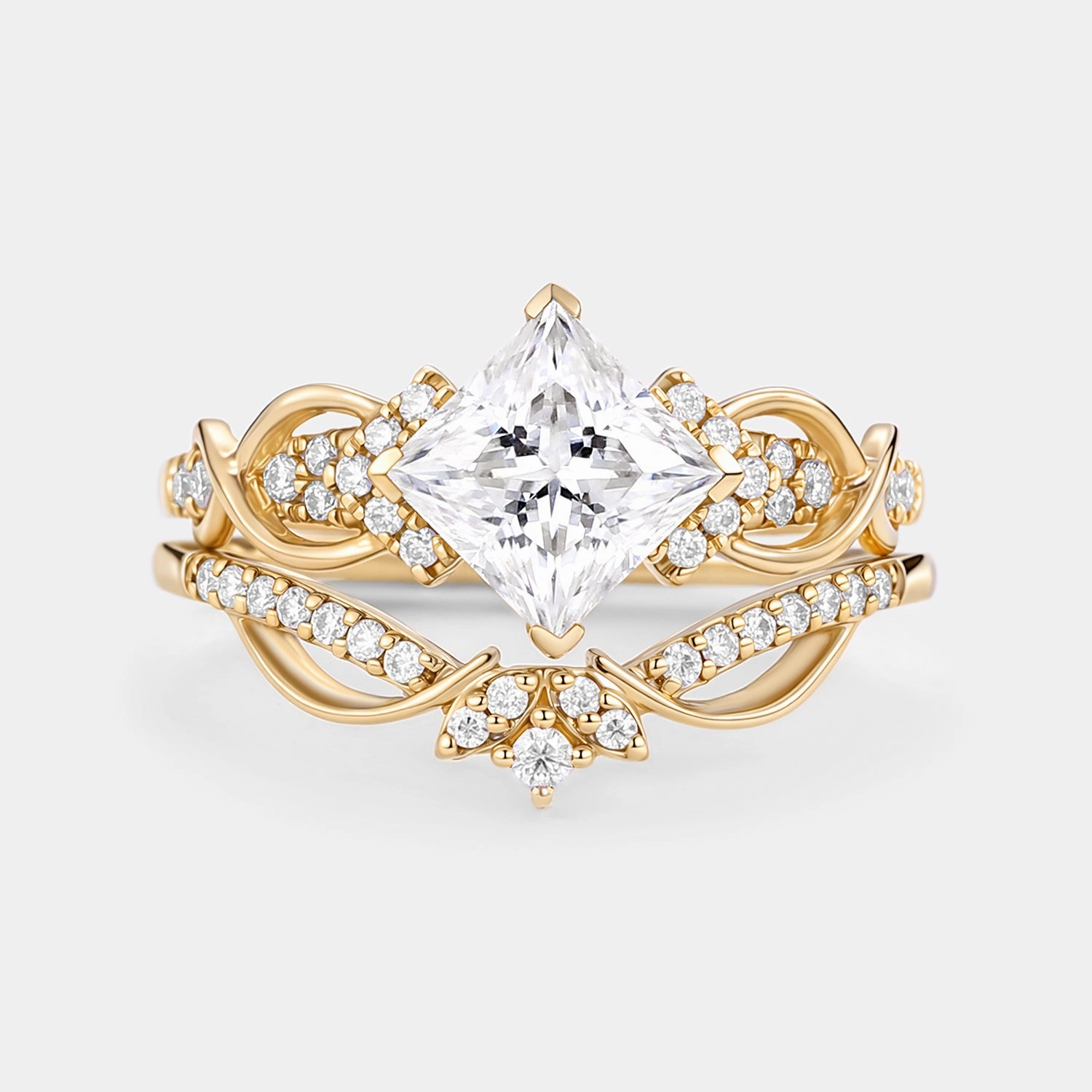 Princess Cut Moissanite Twist Engagement Ring Set 2pcs Soft Contrast