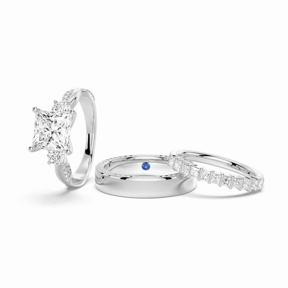 Twist Princess Cut Moissanite Couple's Ring Set with Men's Wedding Band Subtle Accent