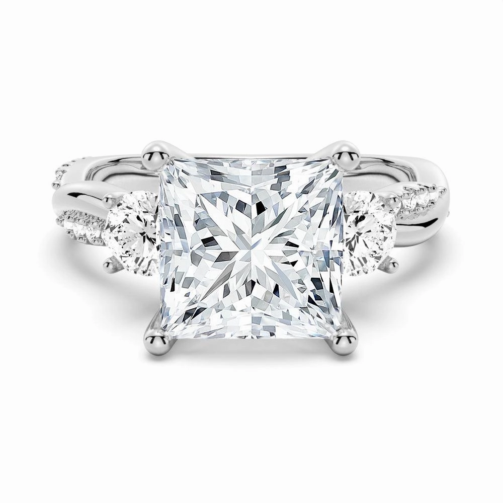 Twisted Band Princess Cut  Three Stone Moissanite Engagement Ring Signature Touch