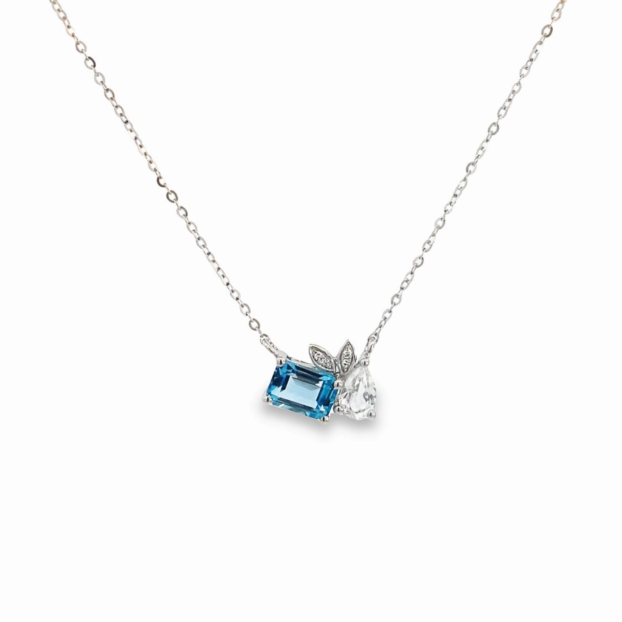 Bright Shine Polished Details Two-Stone Blue and White Topaz Diamond Necklace