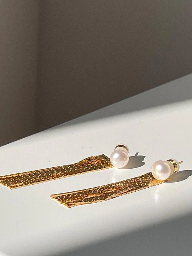 Two-Way Freshwater Pearl Gold Long Tassel Ear Jackets Easy Match Elegant Highlight