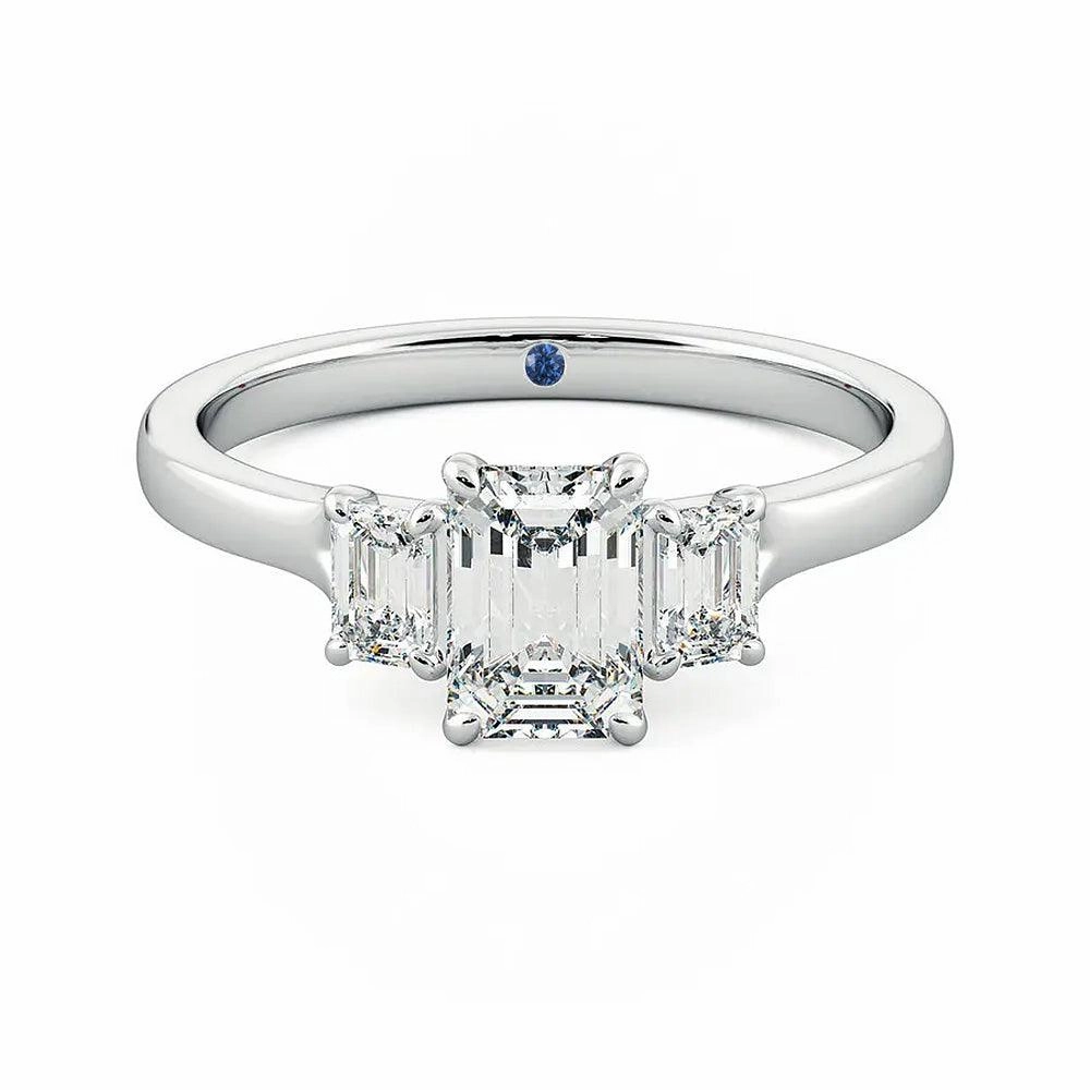 Work Friendly Fashionable Look Four Prong Three Stone Emerald Cut Moissanite Engagement Ring with Hidden Anniversary Stone Accent