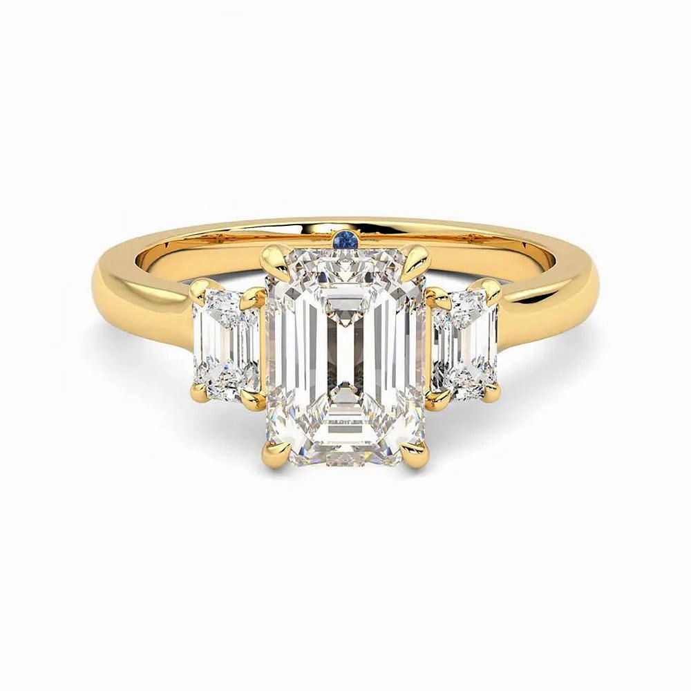 Four Prong Three Stone Emerald Cut Moissanite Engagement Ring with Hidden Anniversary Stone Accent Luxe style Vibrant Shine Look