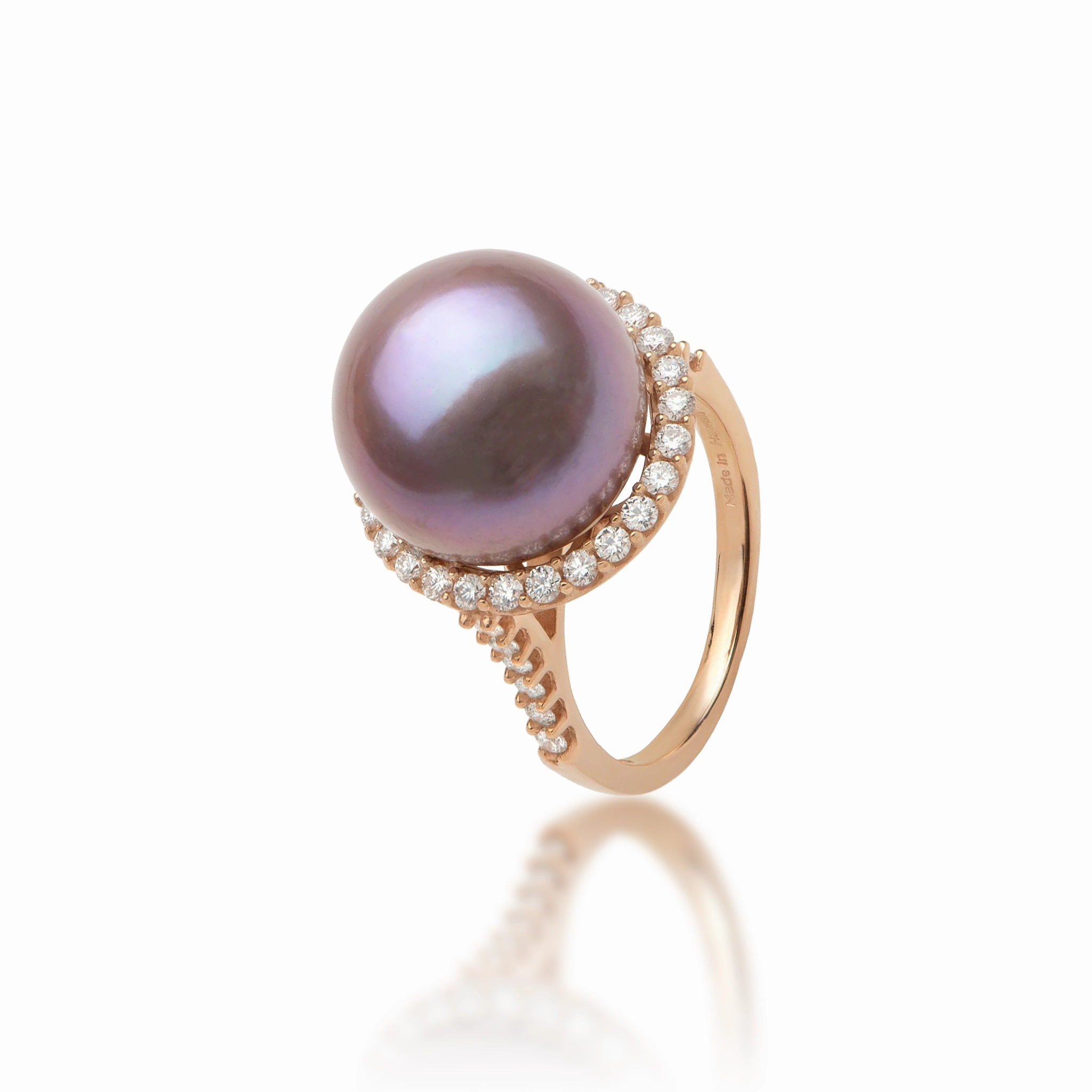 Sculpted Edge Stylish Detail Ultraviolet Freshwater Pearl Ring in Rose Gold with Diamonds - 14-15mm