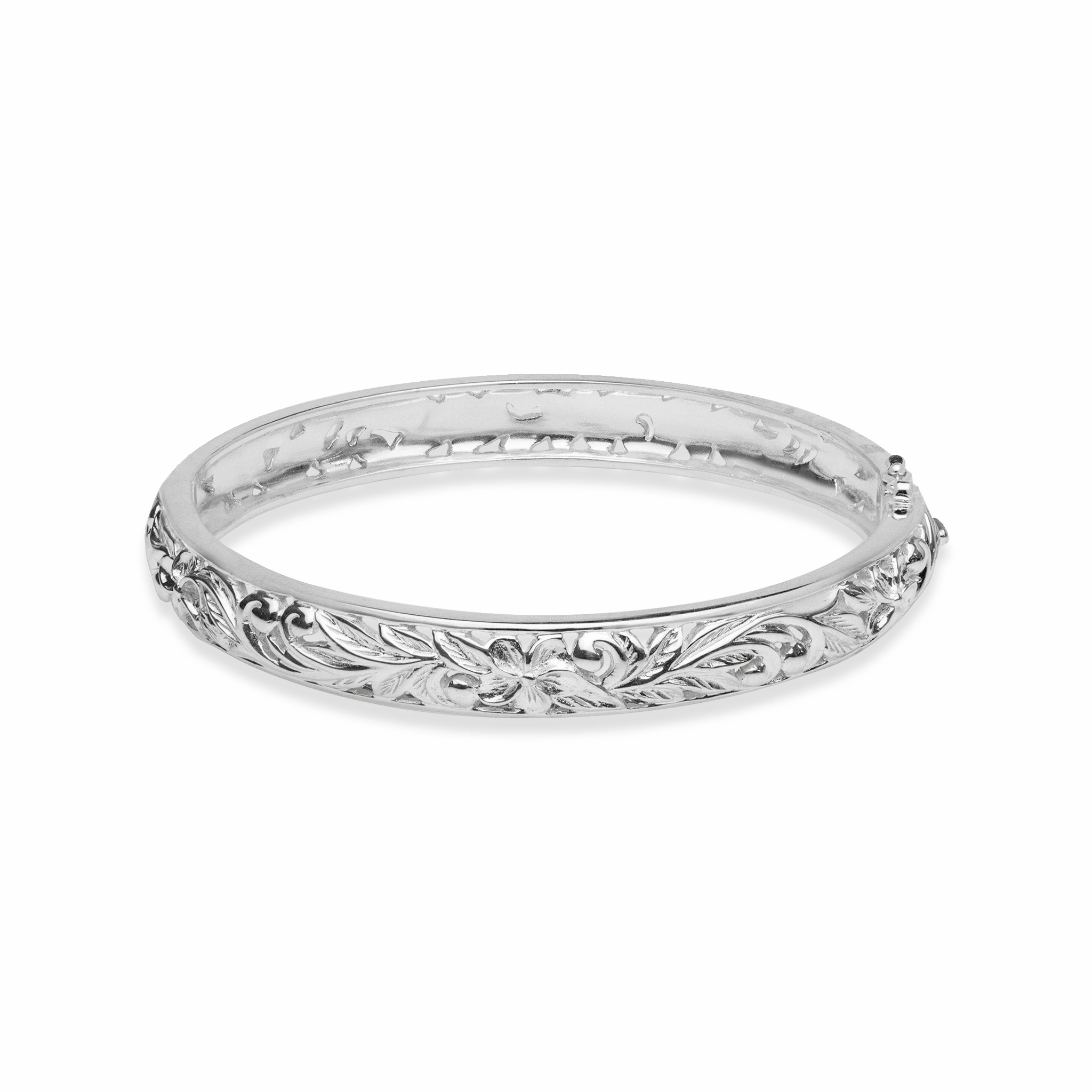 Unique Style Hawaiian Heirloom Plumeria Hinge Bracelet in Sterling Silver - 8mm