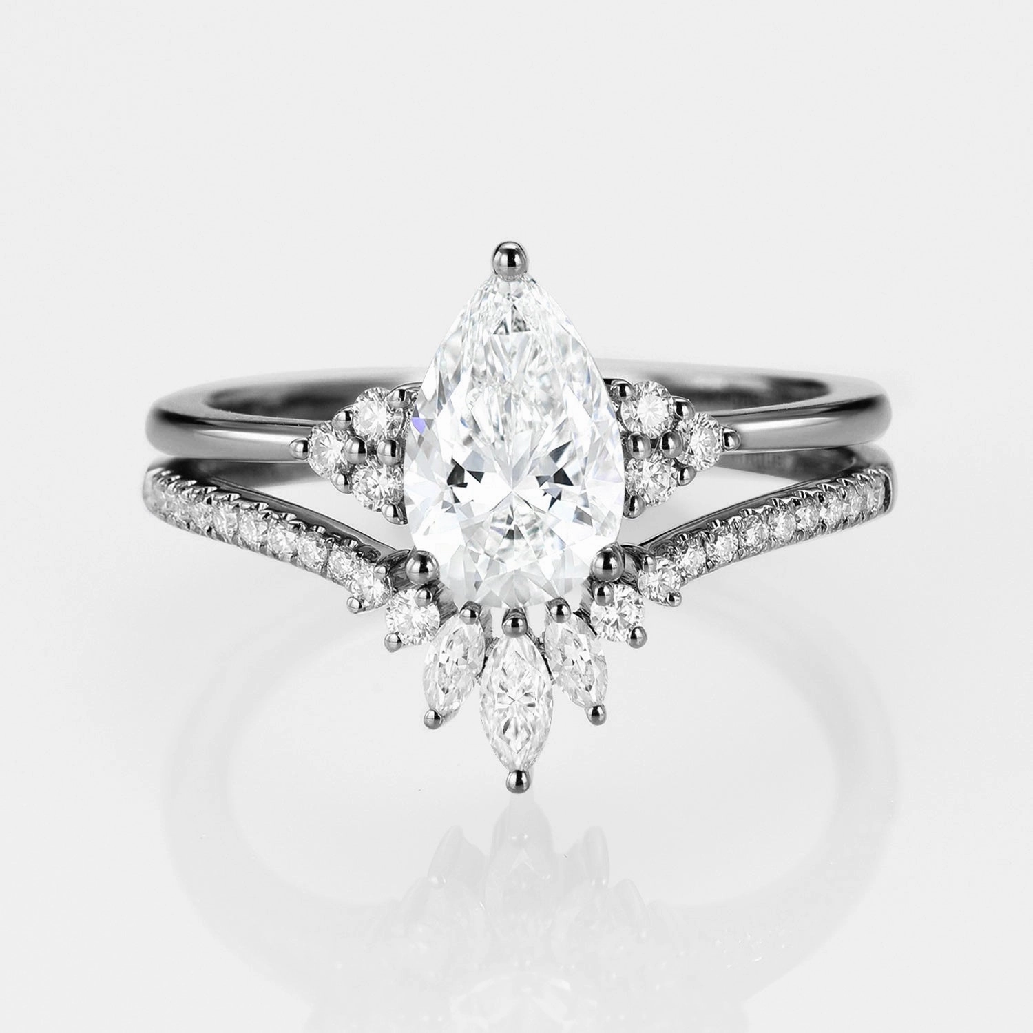 Black Gold Pear Moissanite Engagement Ring Set 2pcs - Lydia Crisp Edge Statement Accent