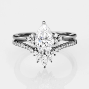 Trendy Fashion Chic Flash Black Gold Pear Moissanite Engagement Ring Set 2pcs - Lydia