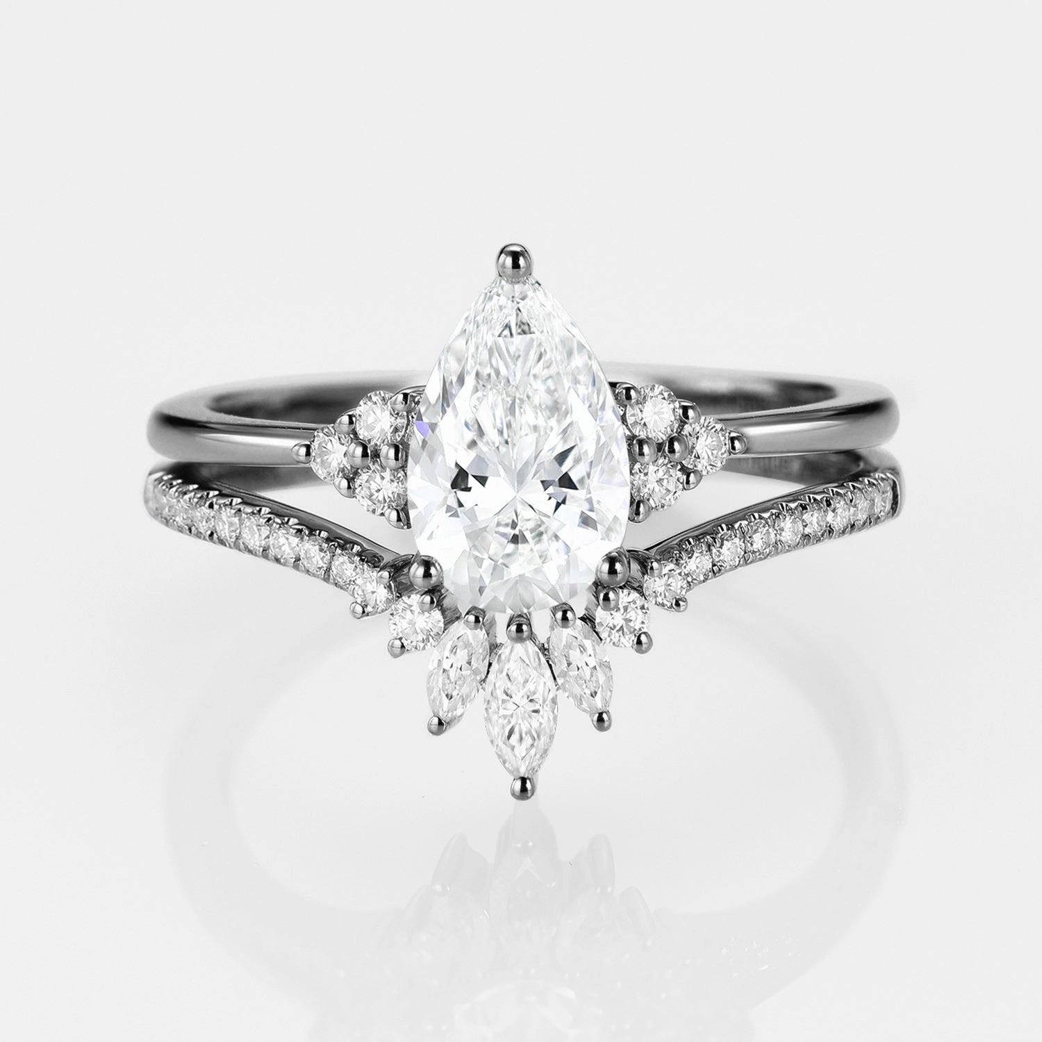 Black Gold Pear Moissanite Engagement Ring Set 2pcs - Lydia Delicate Touch