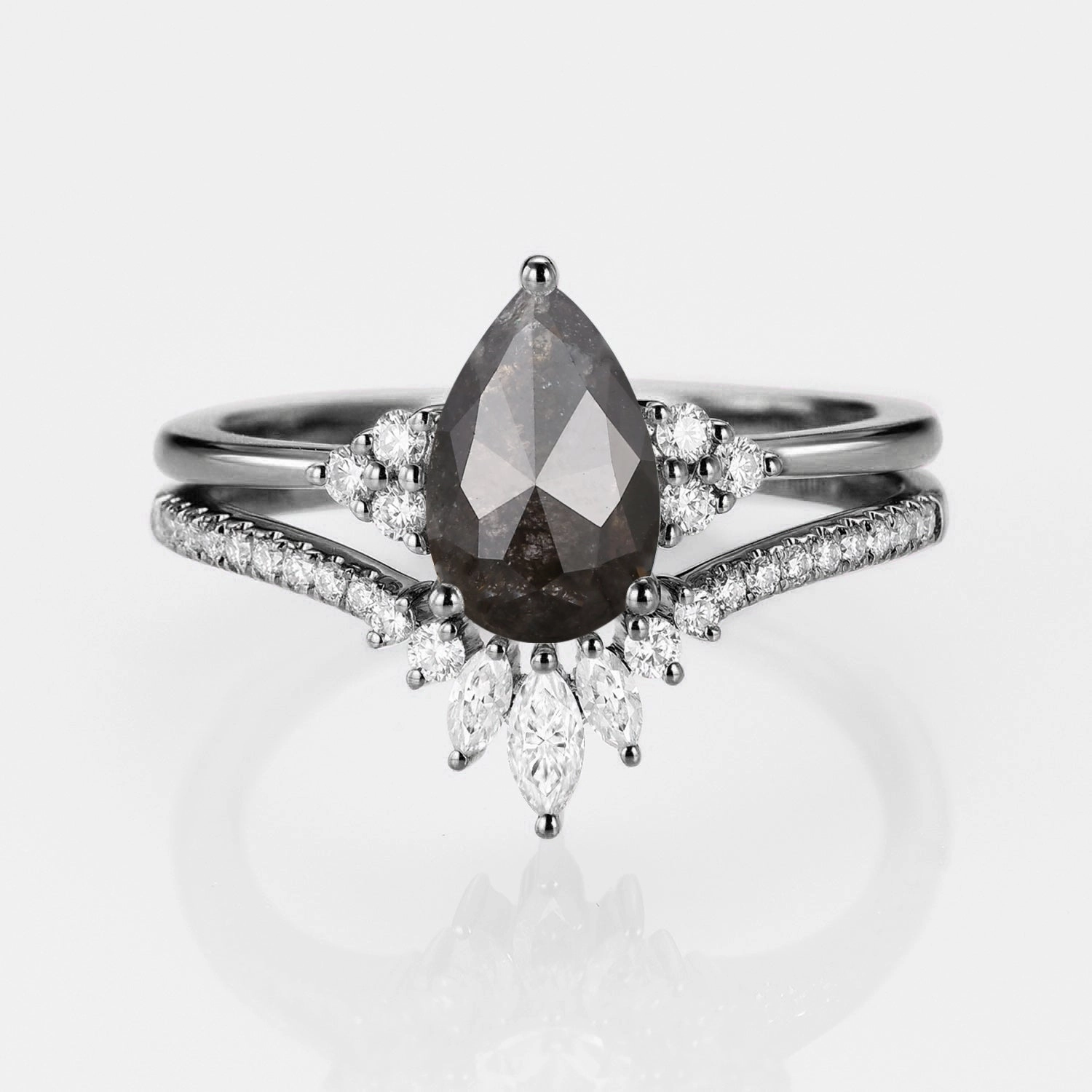 Black Gold Pear Moissanite Engagement Ring Set 2pcs - Lydia Brick and mortar