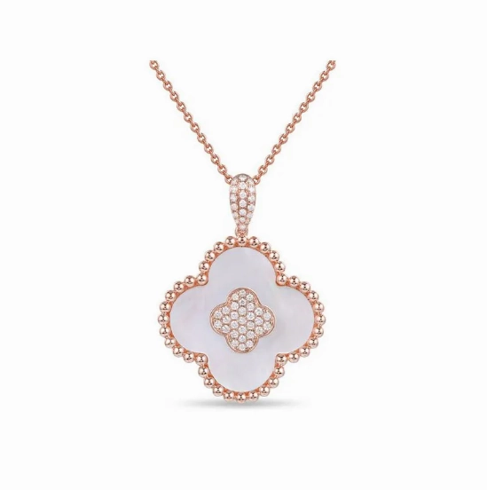 Exclusive Edge Shimmering Form 14K Rose Gold Diamond and Mother of Pearl Necklace