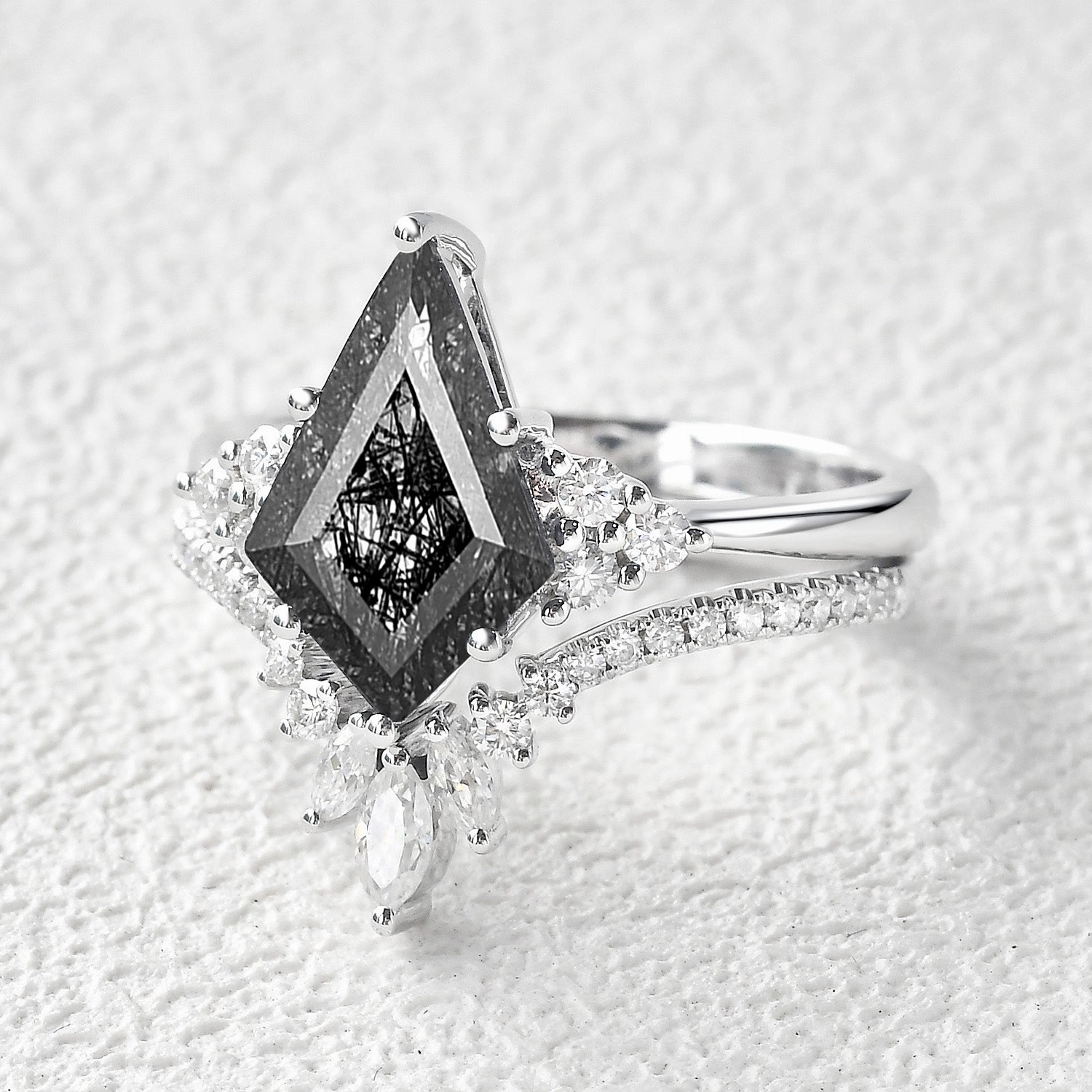 Unique Black Rutilated Quartz Big Engagement Ring Set 2pcs - Lydia Cool Spark