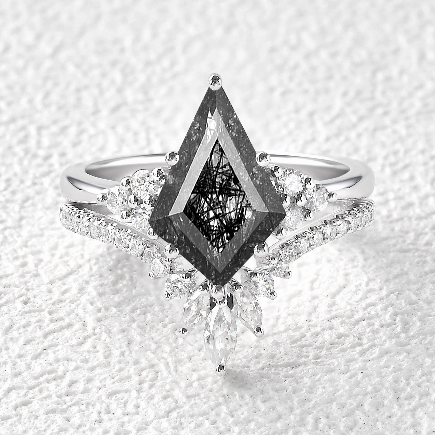 Versatile Craft Sparkle Focus Unique Black Rutilated Quartz Big Engagement Ring Set 2pcs - Lydia