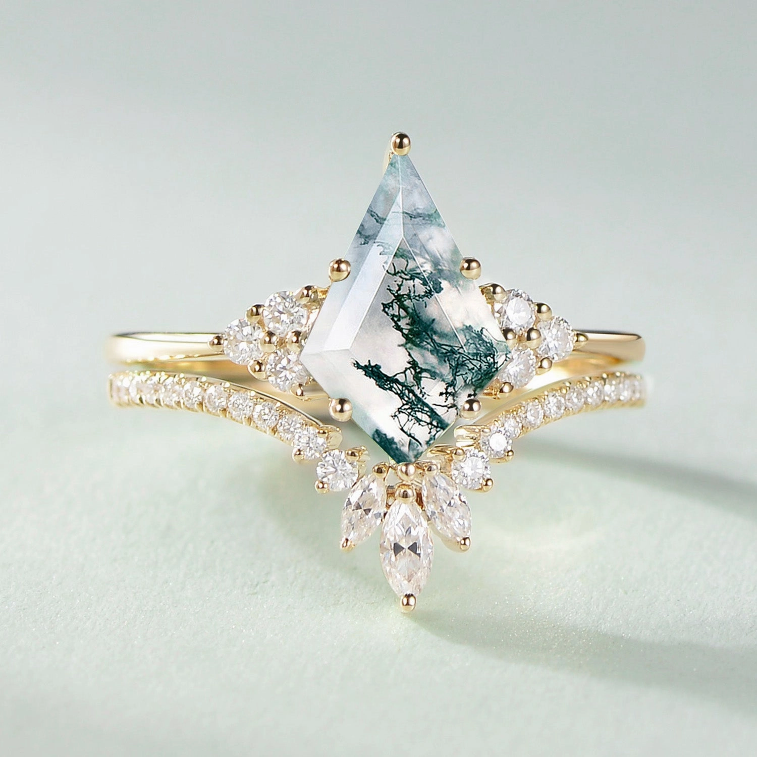 Artisan Piece Unique Black Rutilated Quartz Big Engagement Ring Set 2pcs - Lydia