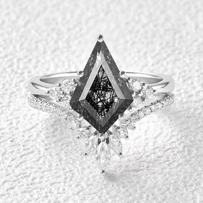 Unique Black Rutilated Quartz Big Engagement Ring Set 2pcs - Lydia Trendy Addition