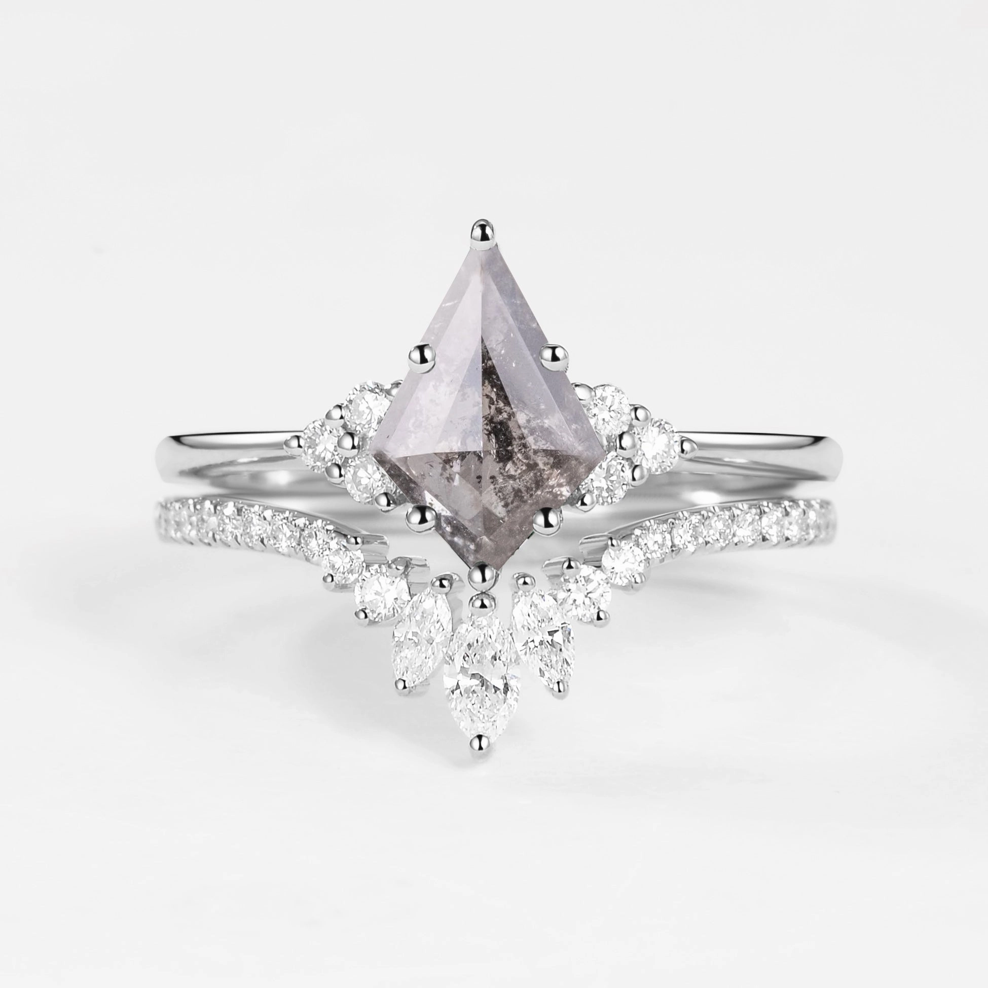 Unique Black Rutilated Quartz Engagement Ring Set 2pcs - Lydia Holiday Style Heirloom Feel